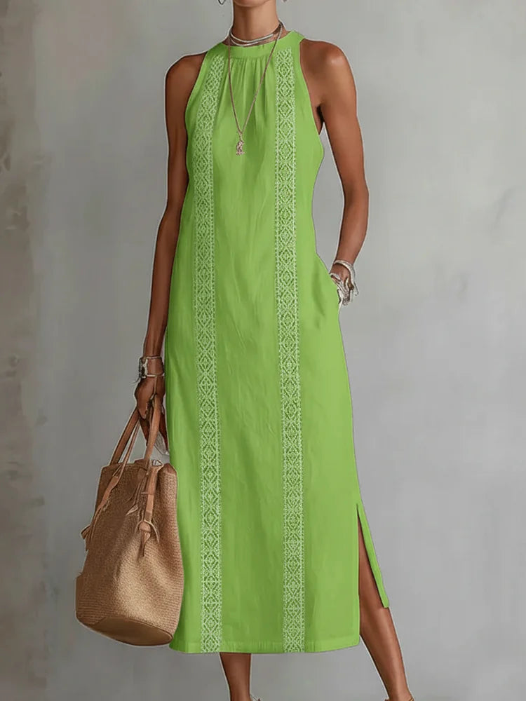 Women's Retro Minimalist Linen Midi Dress Sleeveless High Neck Lace Detail Casual Summer Beach Vacation Everyday – Celeste - Lolly 