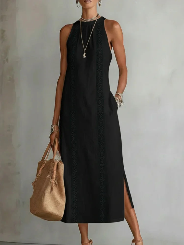 Women's Retro Minimalist Linen Midi Dress Sleeveless High Neck Lace Detail Casual Summer Beach Vacation Everyday – Celeste - Lolly 
