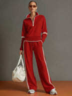 Women's Retro Sporty Two-Piece Set Half-Zip Sweatshirt Wide-Leg Pants Striped Webbing Casual – Grey White - Lolly 
