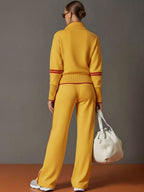 Women's Retro Sporty Two-Piece Set Half-Zip Sweatshirt Wide-Leg Pants Striped Webbing Casual – Grey White - Lolly 