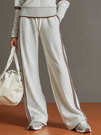 Women's Retro Sporty Two-Piece Set Half-Zip Sweatshirt Wide-Leg Pants Striped Webbing Casual – Grey White - Lolly 