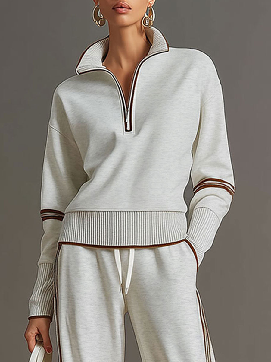 Women's Retro Sporty Two-Piece Set Half-Zip Sweatshirt Wide-Leg Pants Striped Webbing Casual – Grey White - Lolly 