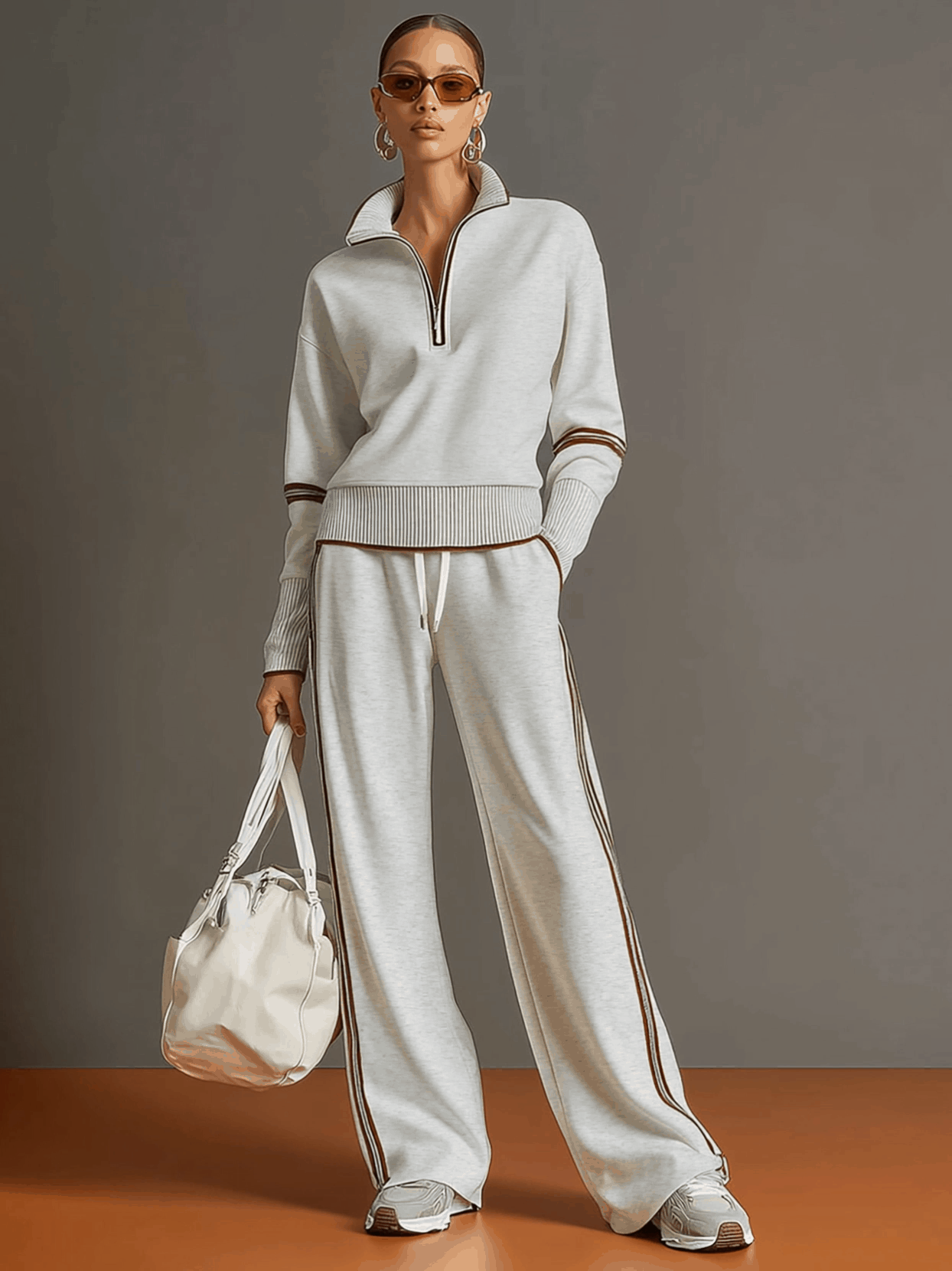 Women's Retro Sporty Two-Piece Set Half-Zip Sweatshirt Wide-Leg Pants Striped Webbing Casual – Grey White - Lolly 