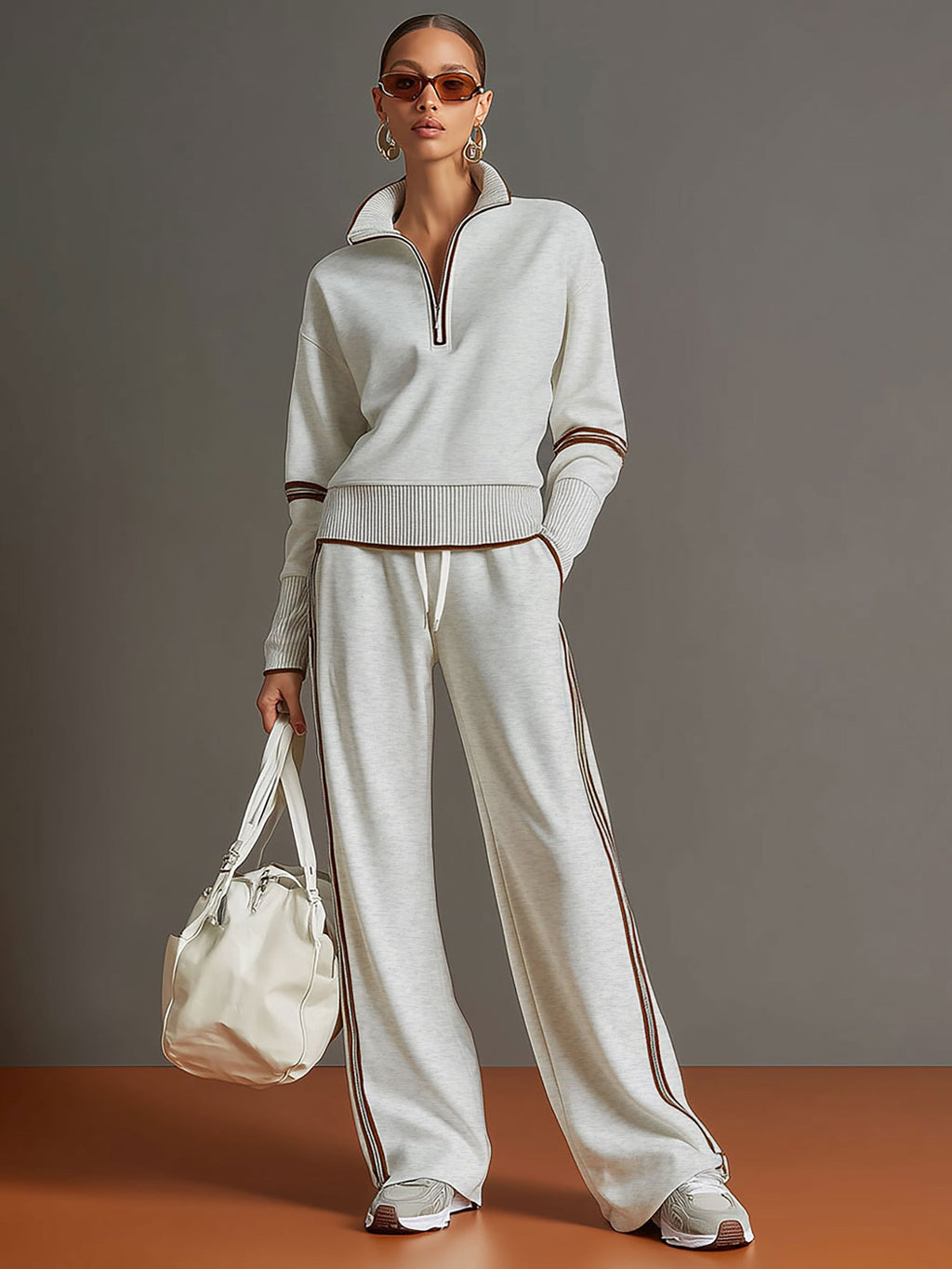 Women's Retro Sporty Two-Piece Set Half-Zip Sweatshirt Wide-Leg Pants Striped Webbing Casual – Grey White - Lolly 