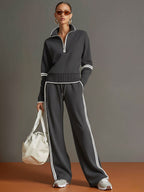 Women's Retro Sporty Two-Piece Set Half-Zip Sweatshirt Wide-Leg Pants Striped Webbing Casual – Grey White - Lolly 