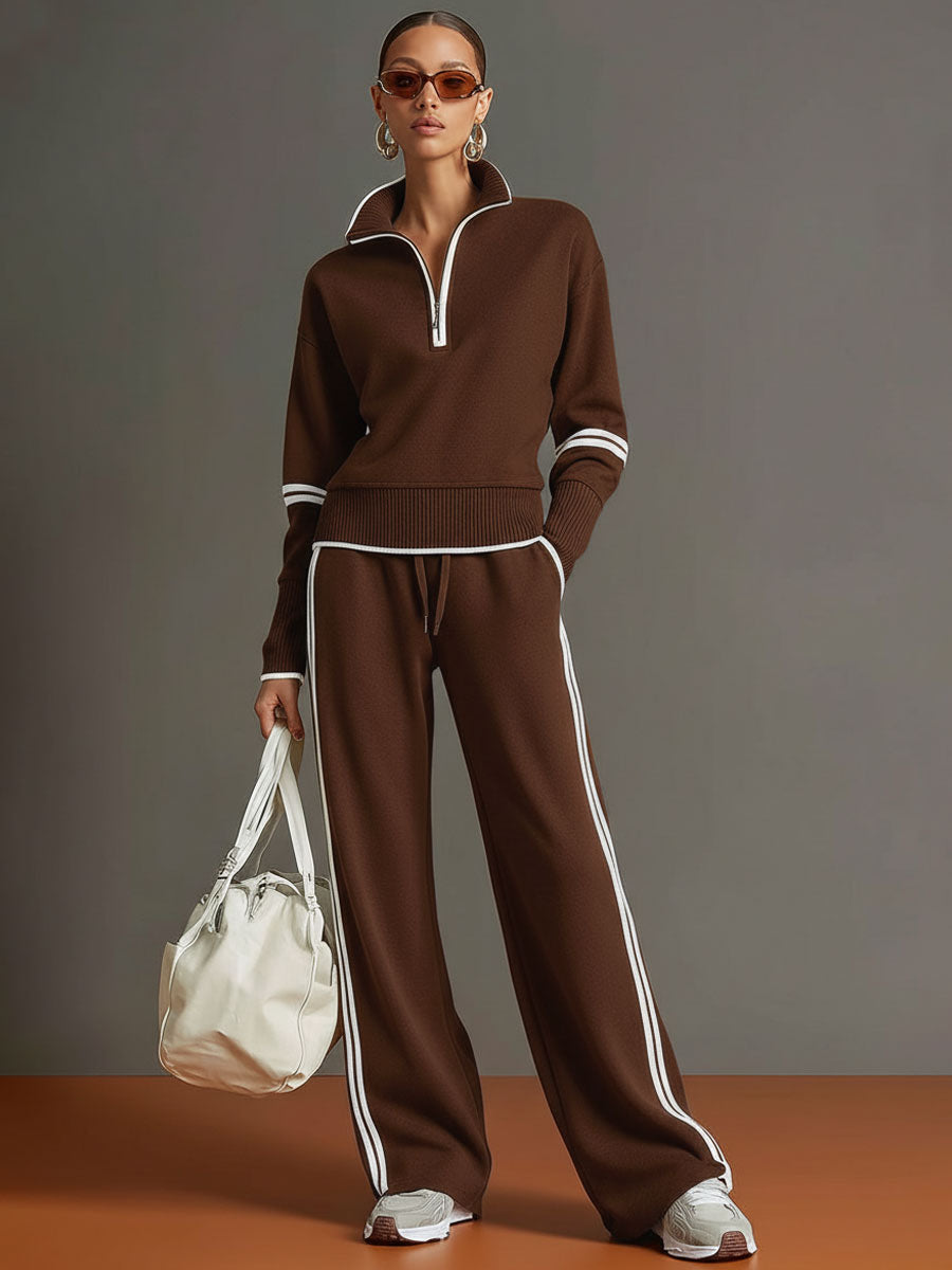 Women's Retro Sporty Two-Piece Set Half-Zip Sweatshirt Wide-Leg Pants Striped Webbing Casual – Grey White - Lolly 