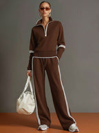 Women's Retro Sporty Two-Piece Set Half-Zip Sweatshirt Wide-Leg Pants Striped Webbing Casual – Grey White - Lolly 