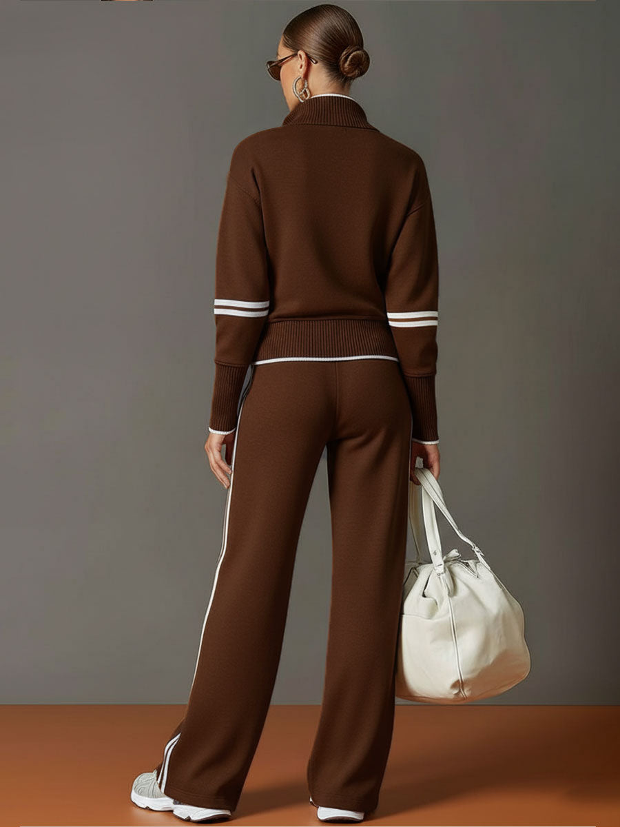 Women's Retro Sporty Two-Piece Set Half-Zip Sweatshirt Wide-Leg Pants Striped Webbing Casual – Grey White - Lolly 