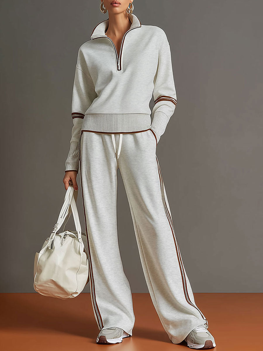 Women's Retro Sporty Two-Piece Set Half-Zip Sweatshirt Wide-Leg Pants Striped Webbing Casual – Grey White - Lolly 