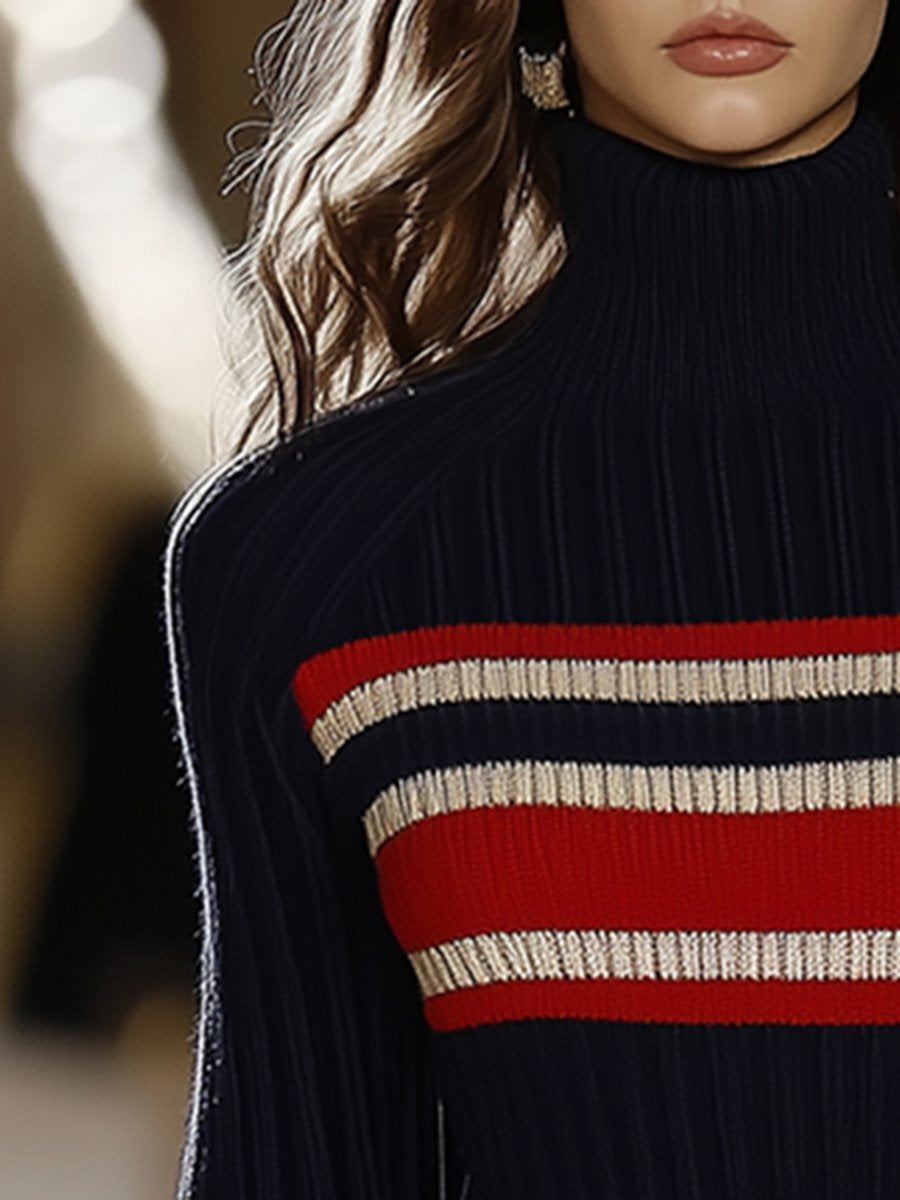 Women's Retro Striped Knit Sweater Short Dress High Collar Slim Fit Casual Party Elegant Everyday - Lolly 