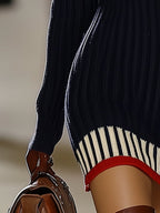 Women's Retro Striped Knit Sweater Short Dress High Collar Slim Fit Casual Party Elegant Everyday - Lolly 