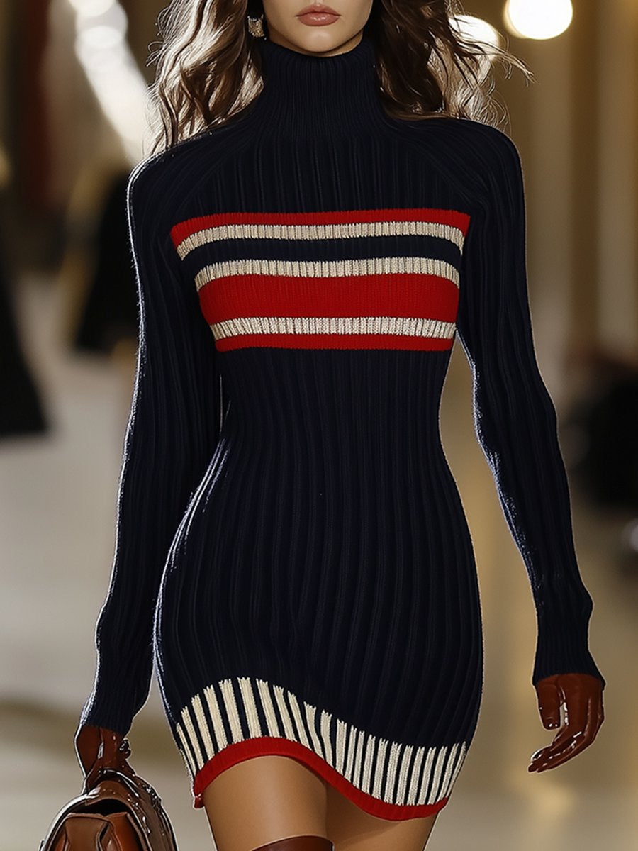 Women's Retro Striped Knit Sweater Short Dress High Collar Slim Fit Casual Party Elegant Everyday - Lolly 