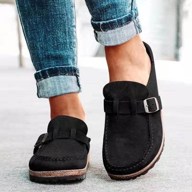 Women's Retro Suede Buckle Clog Mules Slip-On Flat Arch Support Casual Everyday Shoes – Marley - Lolly 