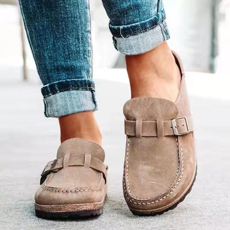 Women's Retro Suede Buckle Clog Mules Slip-On Flat Arch Support Casual Everyday Shoes – Marley - Lolly 