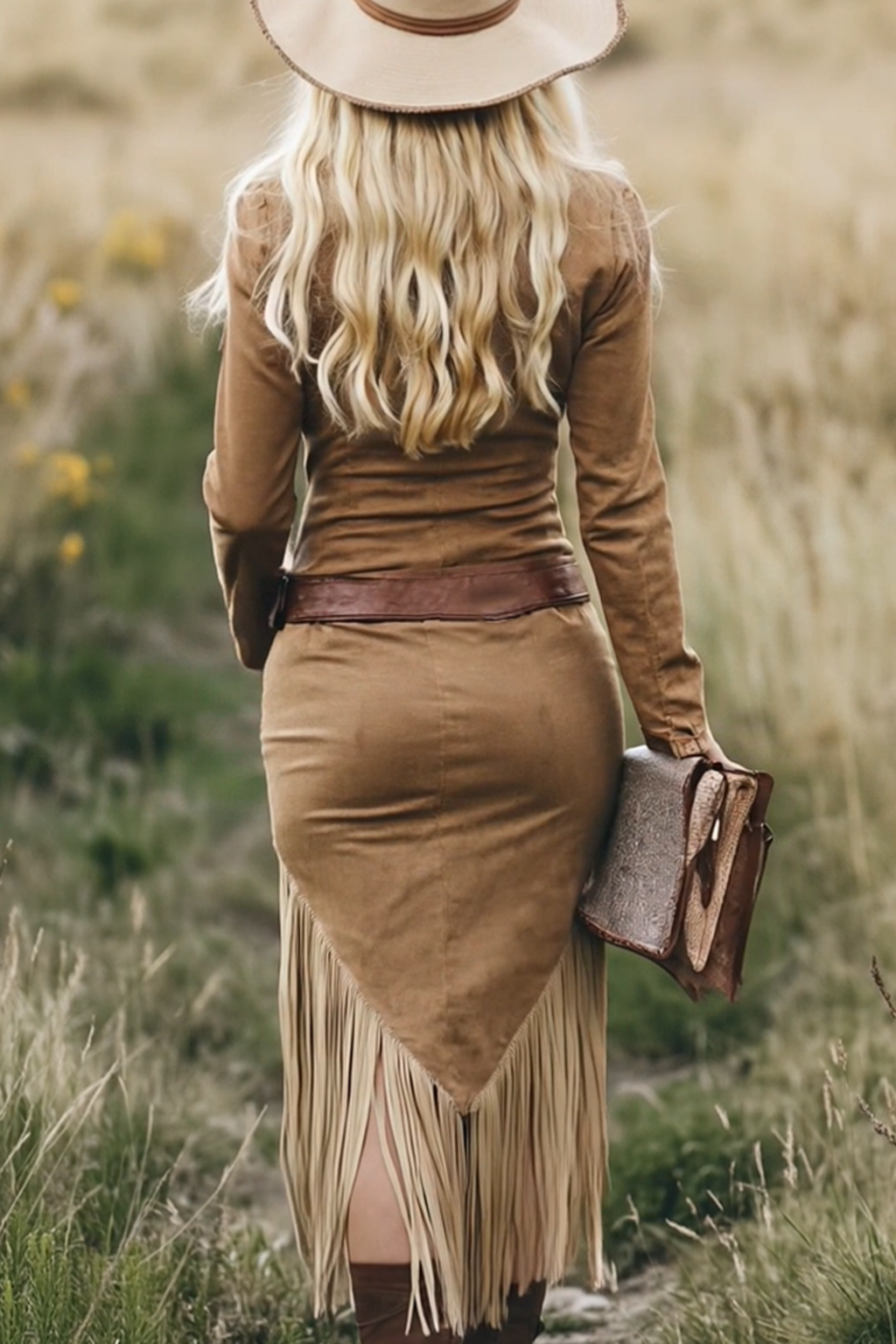 Women's Retro Western Cowgirl Midi Dress Lapel Zipper Tassel Detail Casual Vintage – Camel - Lolly 