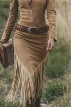 Women's Retro Western Cowgirl Midi Dress Lapel Zipper Tassel Detail Casual Vintage – Camel - Lolly 