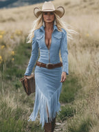 Women's Retro Western Suede Fringe Tassel Midi Dress Long Sleeve Lapel Zipper Belted Slim Cowgirl Party Festival – Tan - Lolly 