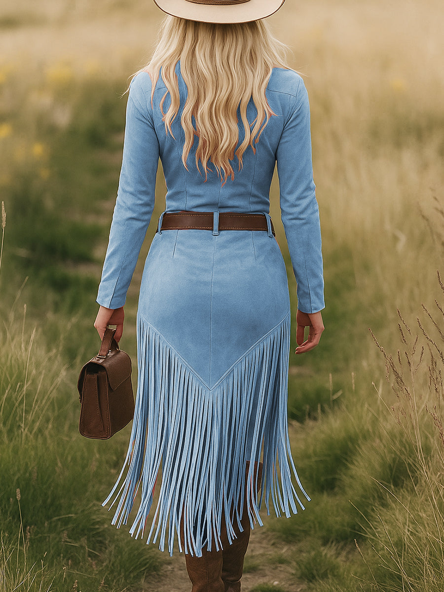 Women's Retro Western Suede Fringe Tassel Midi Dress Long Sleeve Lapel Zipper Belted Slim Cowgirl Party Festival – Tan - Lolly 