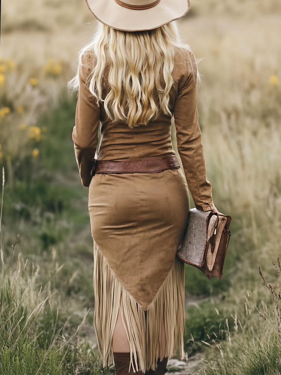 Women's Retro Western Suede Fringe Tassel Midi Dress Long Sleeve Lapel Zipper Belted Slim Cowgirl Party Festival – Tan - Lolly 