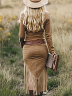 Women's Retro Western Suede Fringe Tassel Midi Dress Long Sleeve Lapel Zipper Belted Slim Cowgirl Party Festival – Tan - Lolly 