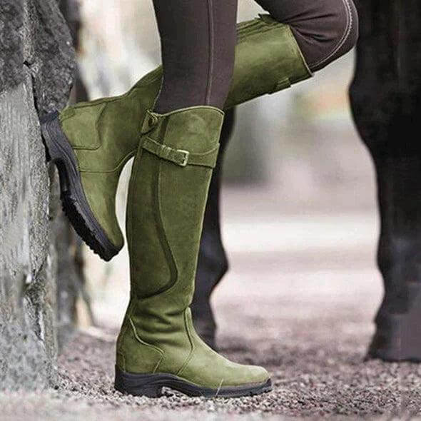 Women's Riding Boots Knee-High with Buckle Strap and Side Zip - Lolly 