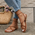 Women's Roman Strappy Flat Sandals Crossover Ankle Zip Casual Summer Beach Vacation Everyday Boho – Tan Brown Black - Lolly 