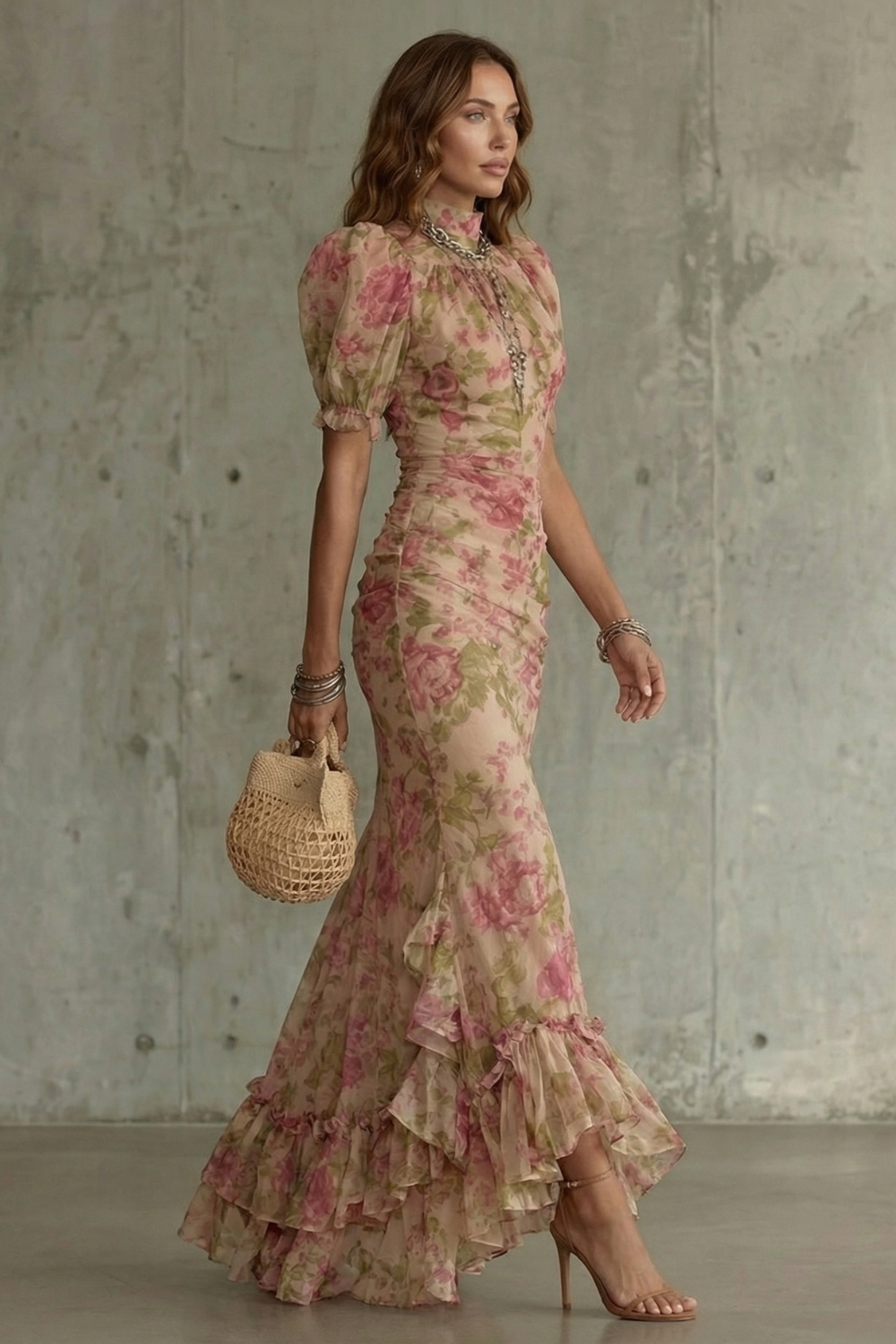 Women's Romantic Floral Puff Sleeve Long Dress High Neck Fitted Bodice Vintage Inspired Formal Wedding Guest Garden Party Evening Gala – Roselique - Lolly 