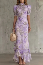Women's Romantic Floral Puff Sleeve Long Dress High Neck Fitted Bodice Vintage Inspired Formal Wedding Guest Garden Party Evening Gala – Roselique - Lolly 