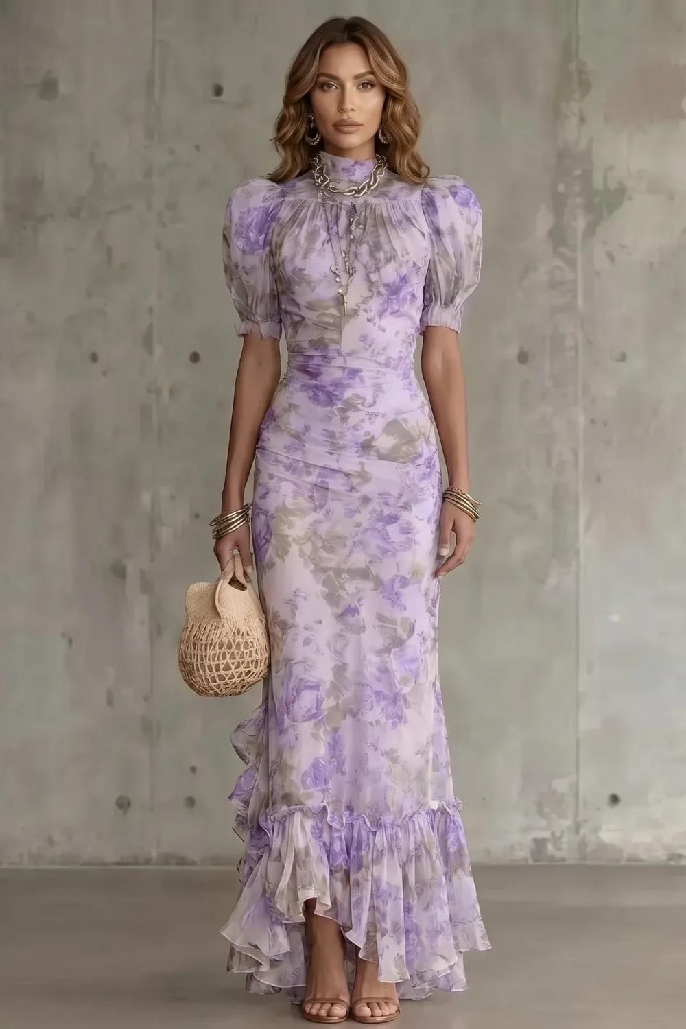 Women's Romantic Floral Puff Sleeve Long Dress High Neck Fitted Bodice Vintage Inspired Formal Wedding Guest Garden Party Evening Gala – Roselique - Lolly 