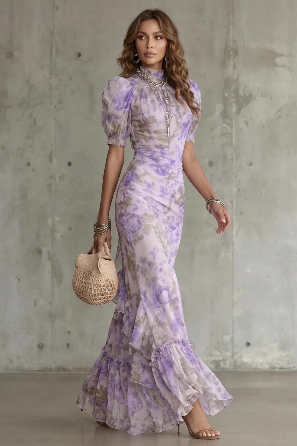 Women's Romantic Floral Puff Sleeve Long Dress High Neck Fitted Bodice Vintage Inspired Formal Wedding Guest Garden Party Evening Gala – Roselique - Lolly 