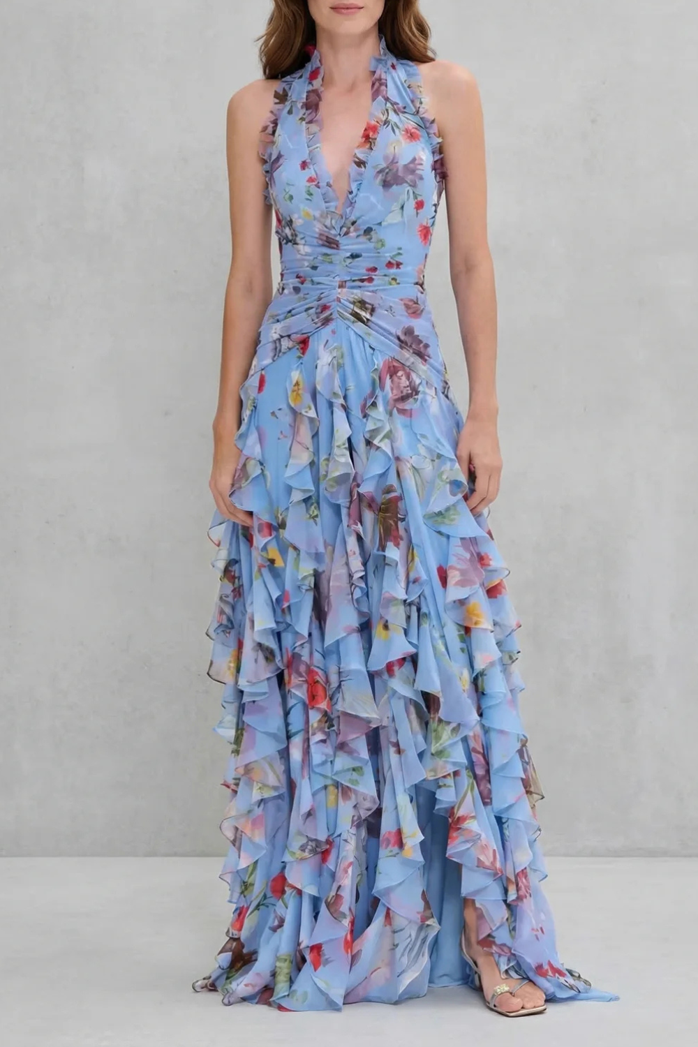 Women's Romantic Rose Print Halter Neck Maxi Dress Deep V Ruched Waist Cascading Tiered Skirt Formal Wedding Guest Garden Party Evening Gala – Belladina - Lolly 