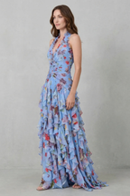 Women's Romantic Rose Print Halter Neck Maxi Dress Deep V Ruched Waist Cascading Tiered Skirt Formal Wedding Guest Garden Party Evening Gala – Belladina - Lolly 