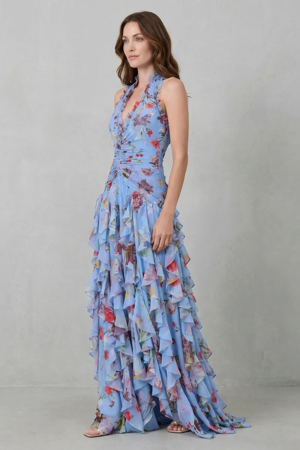 Women's Romantic Rose Print Halter Neck Maxi Dress Deep V Ruched Waist Cascading Tiered Skirt Formal Wedding Guest Garden Party Evening Gala – Belladina - Lolly 