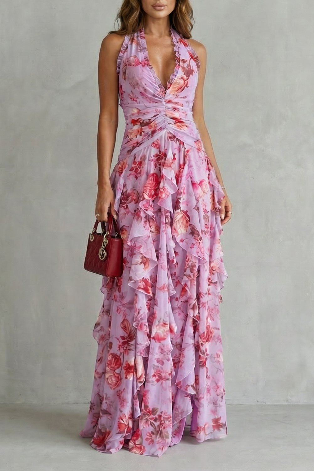 Women's Romantic Rose Print Halter Neck Maxi Dress Deep V Ruched Waist Cascading Tiered Skirt Formal Wedding Guest Garden Party Evening Gala – Belladina - Lolly 