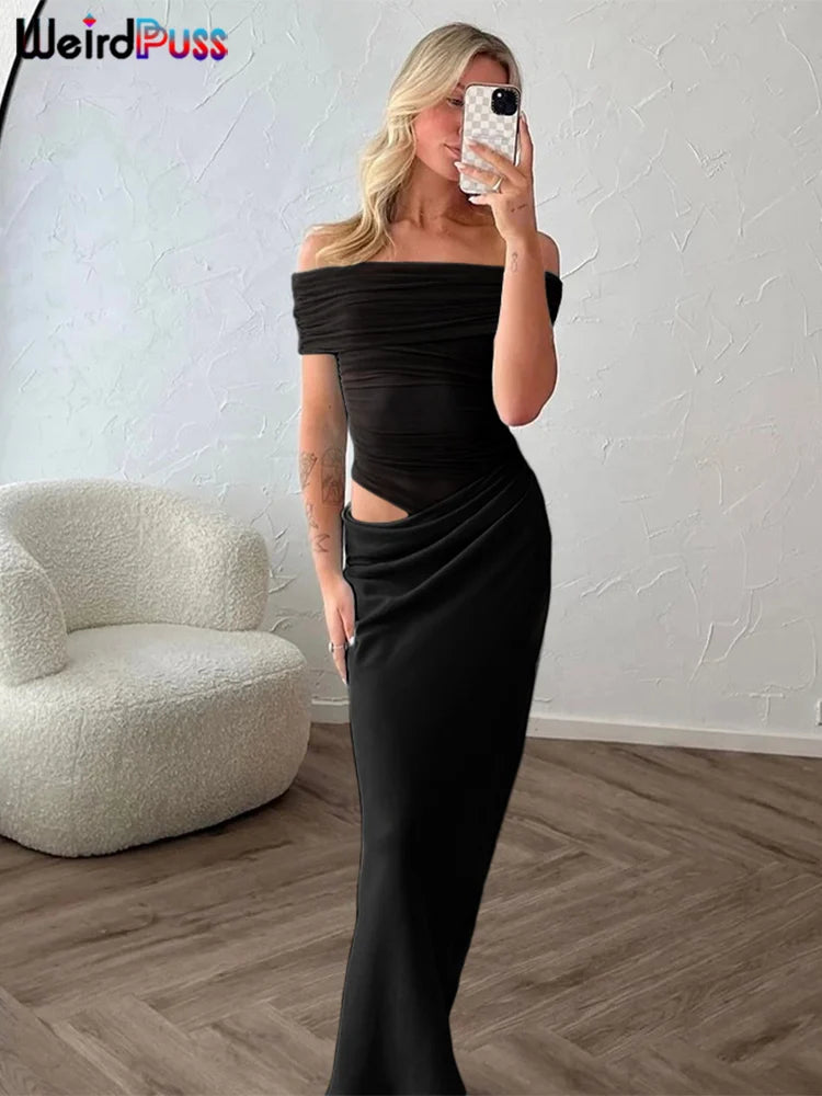 Women's Ruched Irregular Off-Shoulder Short Sleeve Slim Fit Long Dress Patchwork Slash Neck Casual Party Evening Formal Wedding Guest – Solène - Lolly 