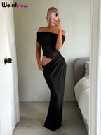 Women's Ruched Irregular Off-Shoulder Short Sleeve Slim Fit Long Dress Patchwork Slash Neck Casual Party Evening Formal Wedding Guest – Solène - Lolly 