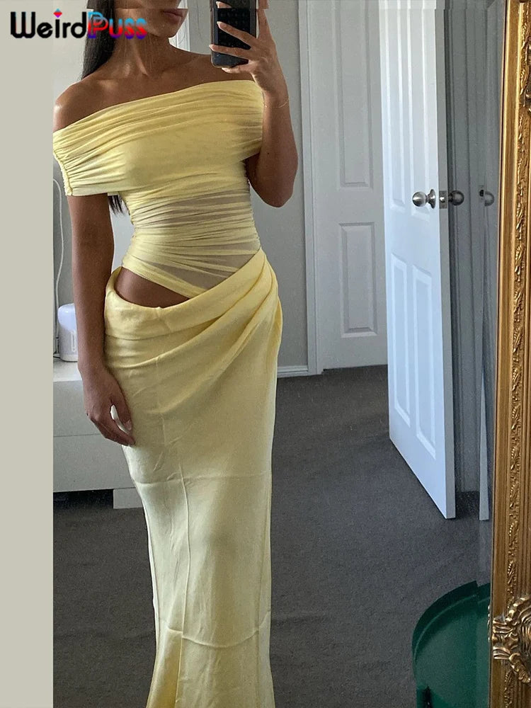 Women's Ruched Irregular Off-Shoulder Short Sleeve Slim Fit Long Dress Patchwork Slash Neck Casual Party Evening Formal Wedding Guest – Solène - Lolly 