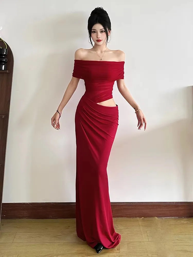 Women's Ruched Irregular Off-Shoulder Short Sleeve Slim Fit Long Dress Patchwork Slash Neck Casual Party Evening Formal Wedding Guest – Solène - Lolly 