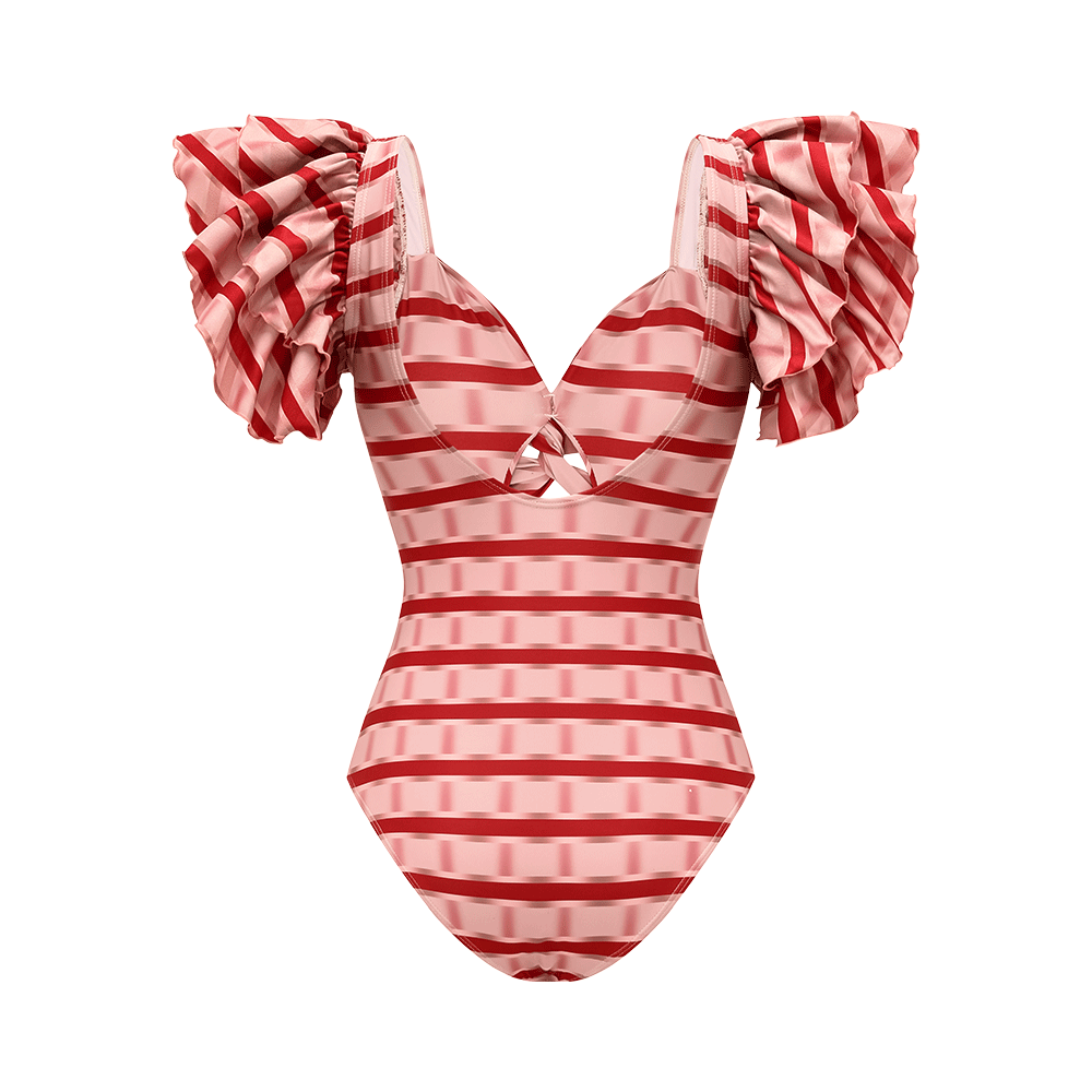 Women's Ruffle Cut-Out One-Piece Swimsuit & Long Skirt Set Red Striped Twist Front Beach Vacation Pool Party Summer Resort – Red & White - Lolly 