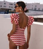 Women's Ruffle Cut-Out One-Piece Swimsuit & Long Skirt Set Red Striped Twist Front Beach Vacation Pool Party Summer Resort – Red & White - Lolly 