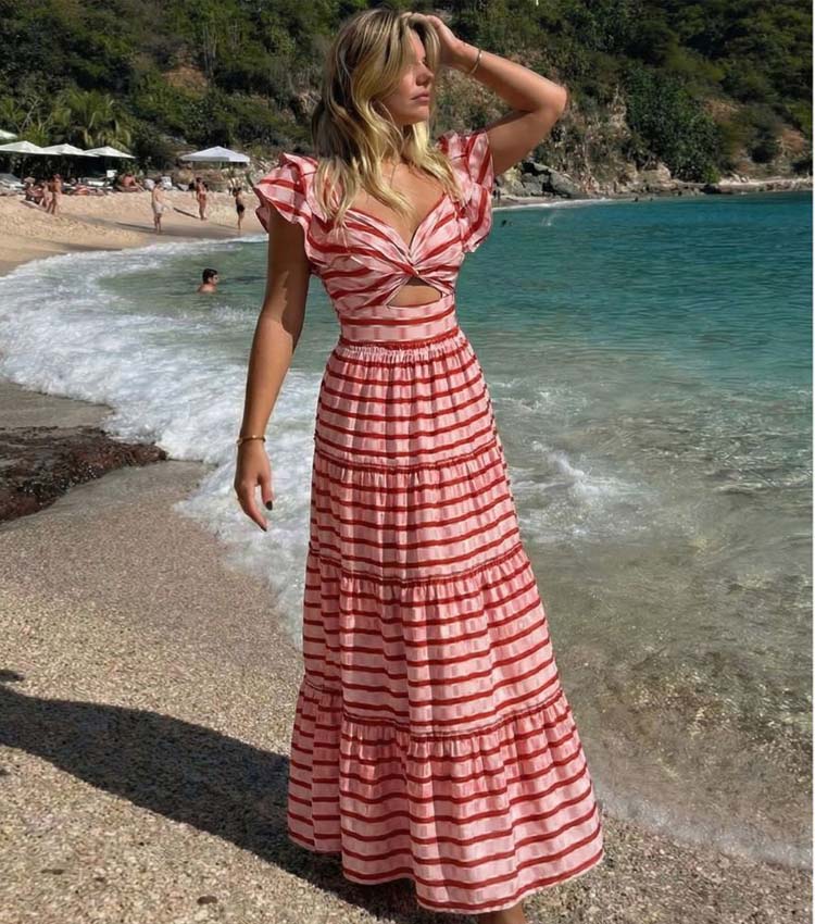 Women's Ruffle Cut-Out One-Piece Swimsuit & Long Skirt Set Red Striped Twist Front Beach Vacation Pool Party Summer Resort – Red & White - Lolly 