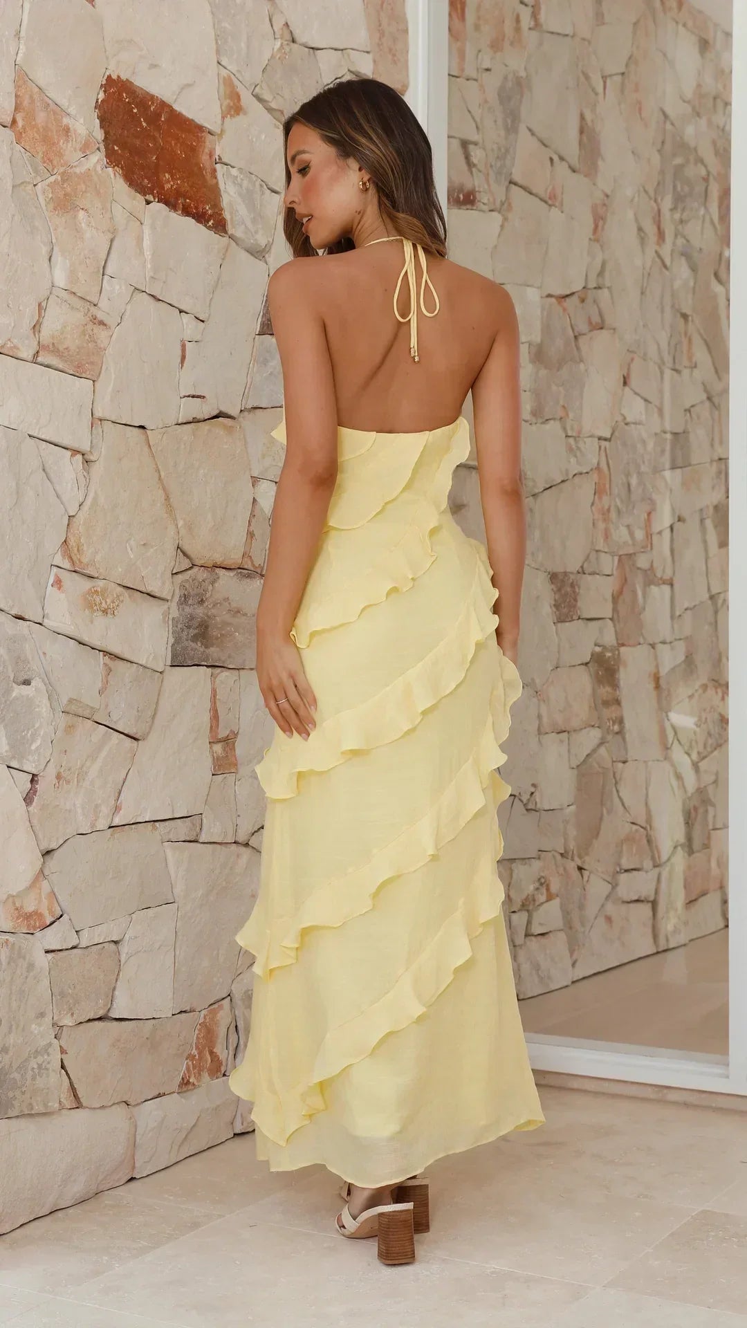 Women's Ruffle Tiered Halter Neck Long Dress Diagonal Layers Garden Party Wedding Guest Evening Formal – Celeste - Lolly 