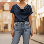 Women's Satin Cowl Neck Short Sleeve Blouse Elegant Casual Work Office Formal Evening Silky Top – Gold Navy Black - Lolly 
