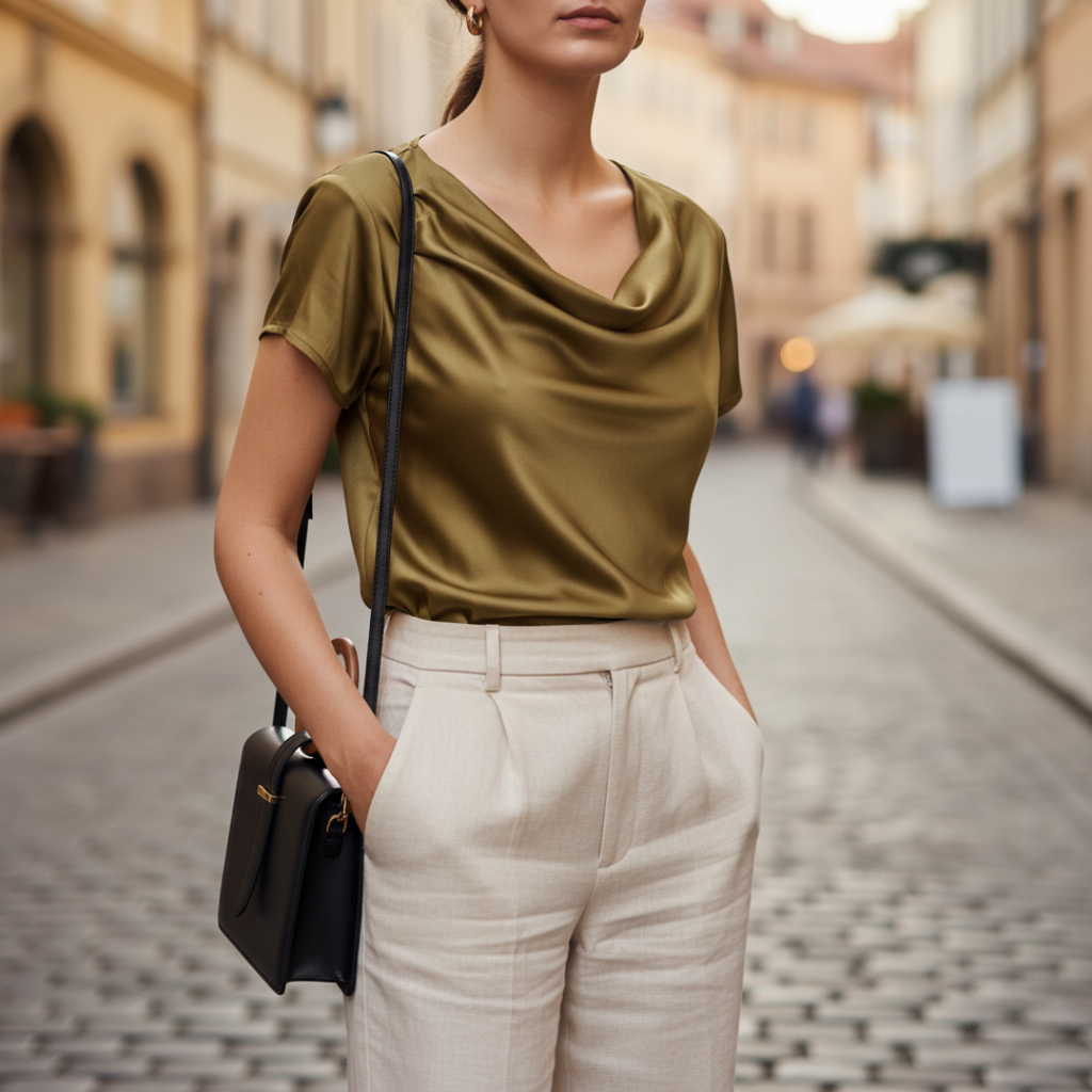 Women's Satin Cowl Neck Short Sleeve Blouse Elegant Casual Work Office Formal Evening Silky Top – Gold Navy Black - Lolly 