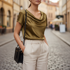Women's Satin Cowl Neck Short Sleeve Blouse Elegant Casual Work Office Formal Evening Silky Top – Gold Navy Black - Lolly 