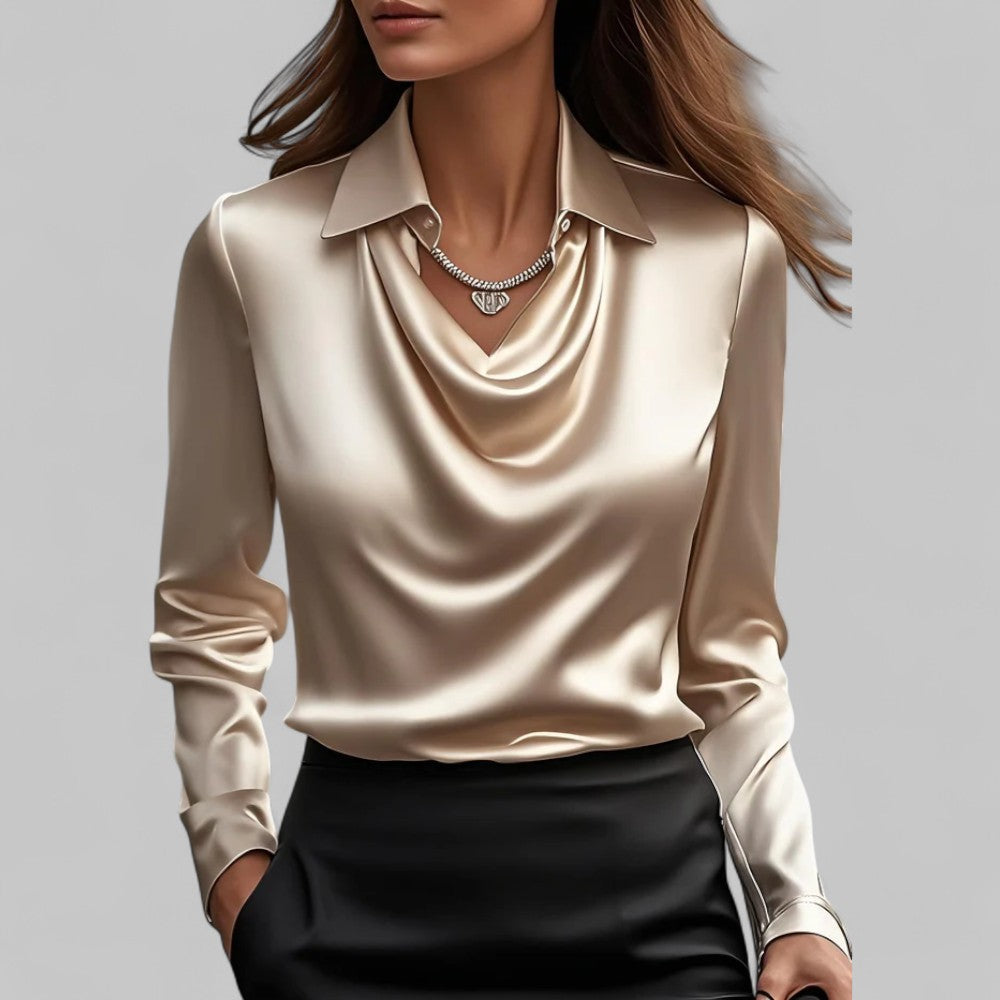 Women's Satin Draped Cowl Neck Long Sleeve Blouse Office Evening Elegant Silky Formal – Rose - Lolly 