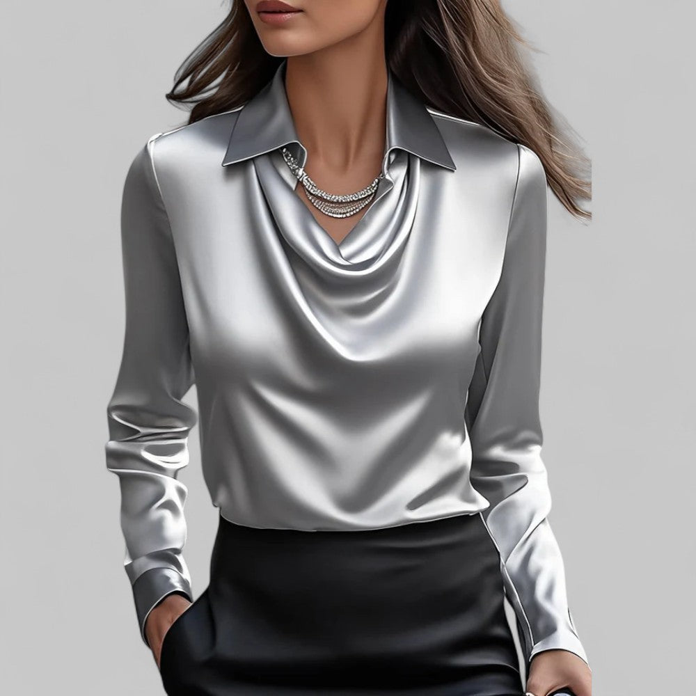 Women's Satin Draped Cowl Neck Long Sleeve Blouse Office Evening Elegant Silky Formal – Rose - Lolly 