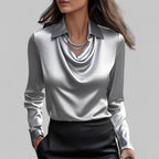 Women's Satin Draped Cowl Neck Long Sleeve Blouse Office Evening Elegant Silky Formal – Rose - Lolly 