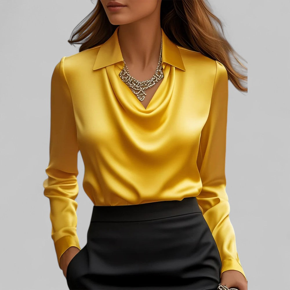 Women's Satin Draped Cowl Neck Long Sleeve Blouse Office Evening Elegant Silky Formal – Rose - Lolly 