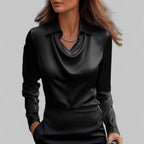 Women's Satin Draped Cowl Neck Long Sleeve Blouse Office Evening Elegant Silky Formal – Rose - Lolly 